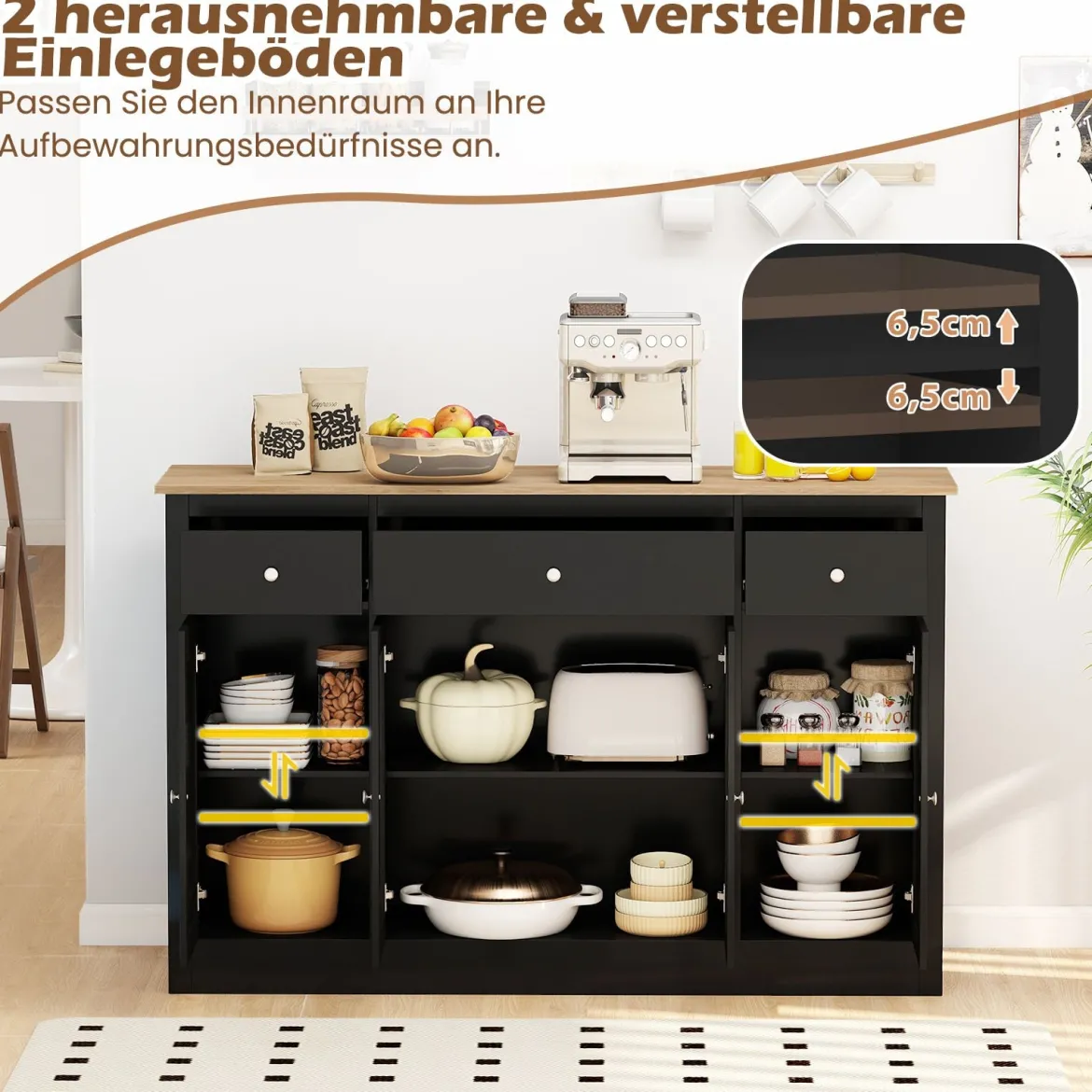 Sideboard mit 3 Schubladen & 2 Glastüren & Verstellbaren Regalen Küchenschrank Schwarz