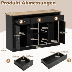 Sideboard mit 3 Schubladen & 2 Glastüren & Verstellbaren Regalen Küchenschrank Schwarz