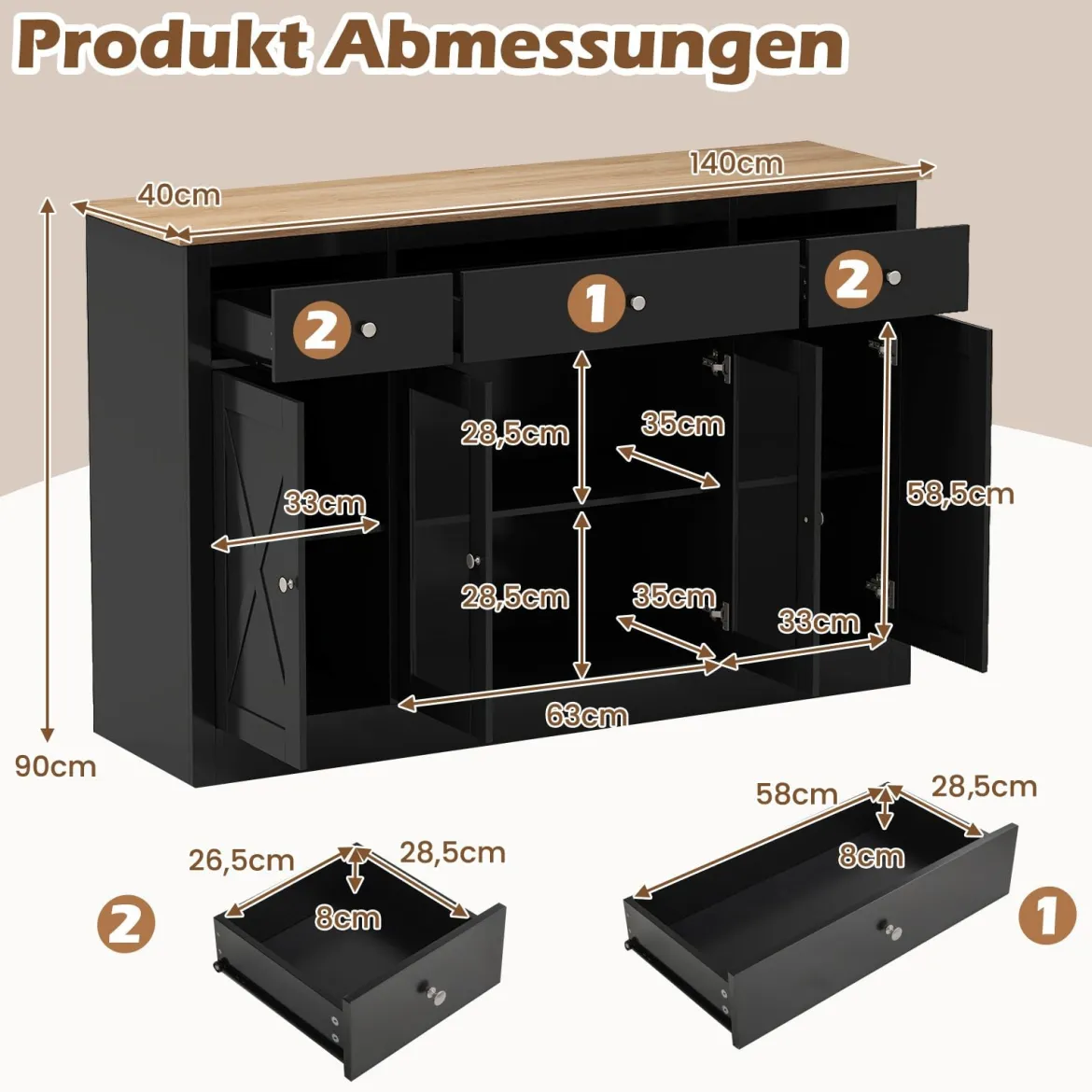 Sideboard mit 3 Schubladen & 2 Glastüren & Verstellbaren Regalen Küchenschrank Schwarz