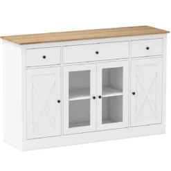 Sideboard mit 3 Schubladen & 2 Glastüren & Verstellbaren Regalen Küchenschrank Weiß