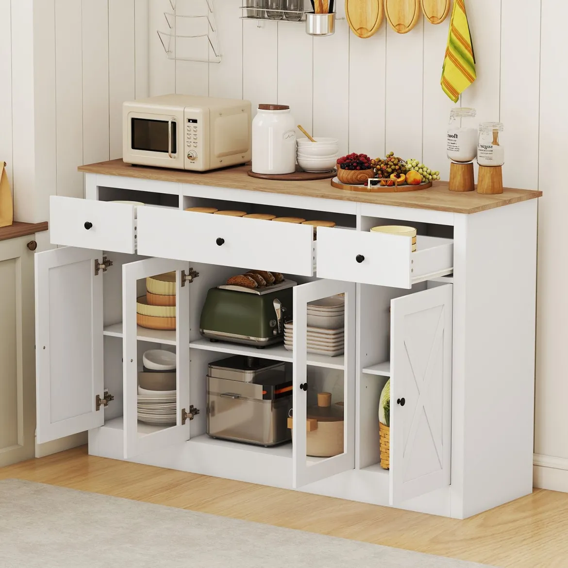 Sideboard mit 3 Schubladen & 2 Glastüren & Verstellbaren Regalen Küchenschrank Weiß