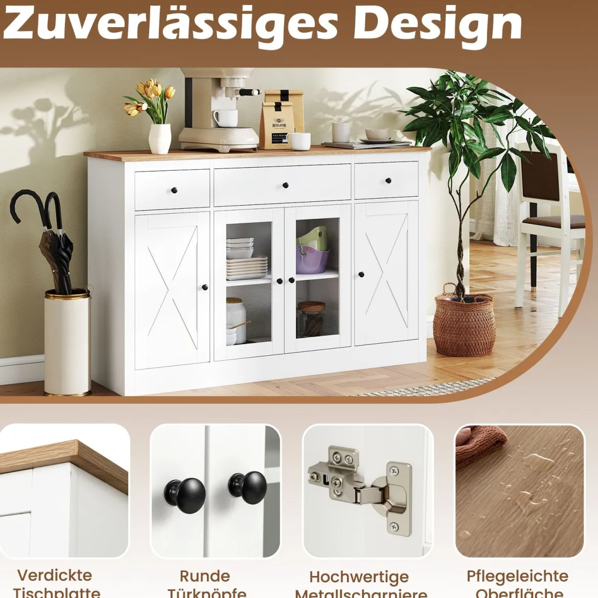 Sideboard mit 3 Schubladen & 2 Glastüren & Verstellbaren Regalen Küchenschrank Weiß