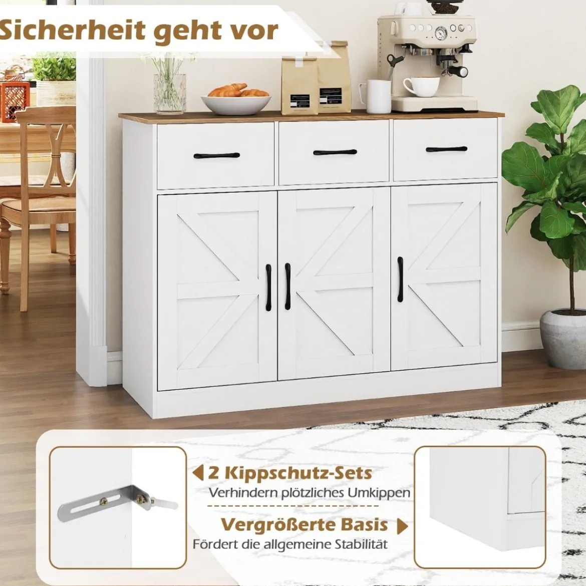 Sideboard mit 3 Schubladen & 3 Türen & Arbeitsplatte & Verstellbaren Regalen Küchenschrank Weiß