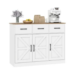 Sideboard mit 3 Schubladen & 3 Türen & Arbeitsplatte & Verstellbaren Regalen Küchenschrank Weiß