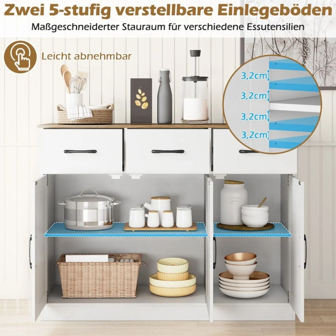 Sideboard mit 3 Schubladen & 3 Türen & Arbeitsplatte & Verstellbaren Regalen Küchenschrank Weiß