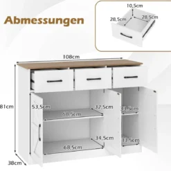 Sideboard mit 3 Schubladen & 3 Türen & Arbeitsplatte & Verstellbaren Regalen Küchenschrank Weiß