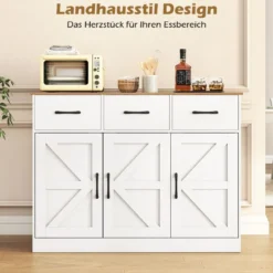 Sideboard mit 3 Schubladen & 3 Türen & Arbeitsplatte & Verstellbaren Regalen Küchenschrank Weiß