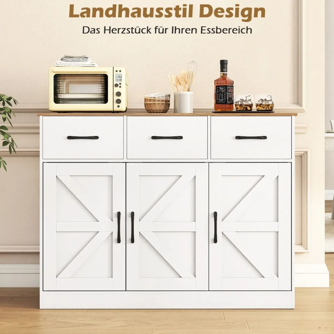 Sideboard mit 3 Schubladen & 3 Türen & Arbeitsplatte & Verstellbaren Regalen Küchenschrank Weiß