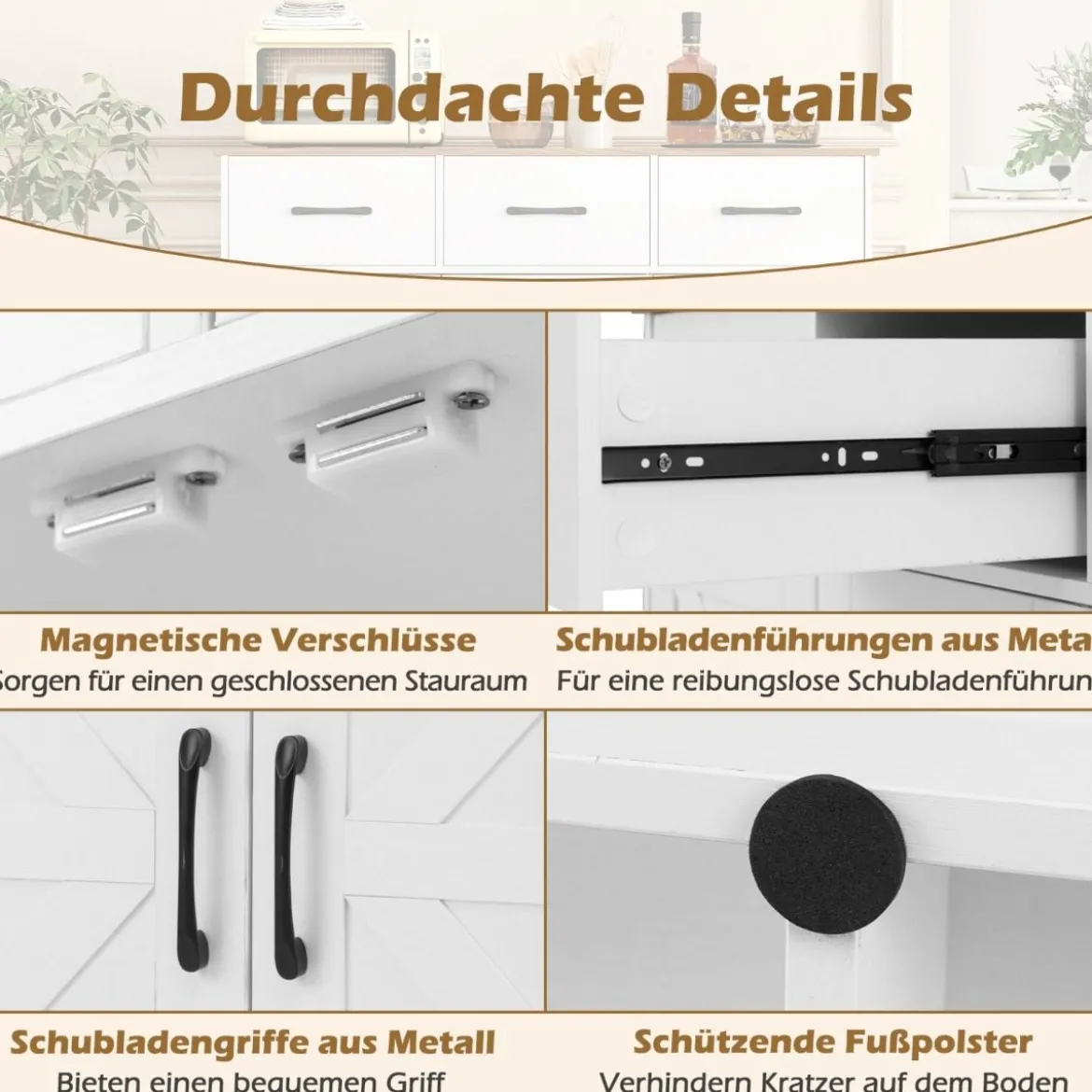 Sideboard mit 3 Schubladen & 3 Türen & Arbeitsplatte & Verstellbaren Regalen Küchenschrank Weiß