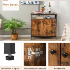 Sideboard mit 3-Stöckiger Schrank und Türen Küchenschrank mit offenem Regal 80 x 40 x 80 cm Rustikales Braun
