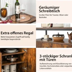 Sideboard mit 3-Stöckiger Schrank und Türen Küchenschrank mit offenem Regal 80 x 40 x 80 cm Rustikales Braun