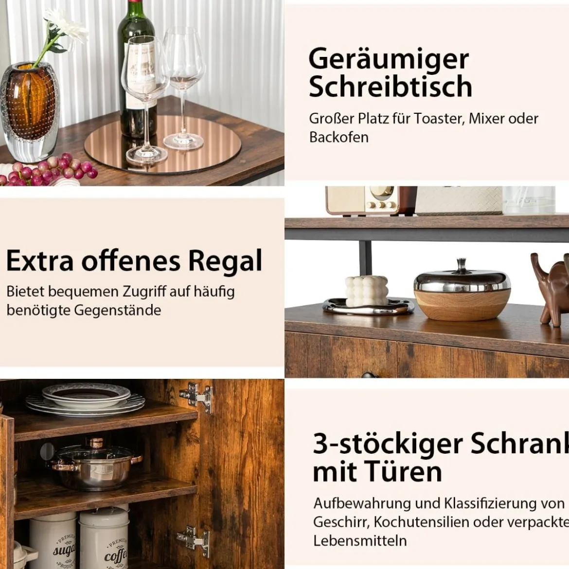 Sideboard mit 3-Stöckiger Schrank und Türen Küchenschrank mit offenem Regal 80 x 40 x 80 cm Rustikales Braun