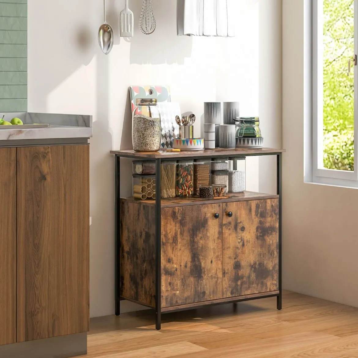 Sideboard mit 3-Stöckiger Schrank und Türen Küchenschrank mit offenem Regal 80 x 40 x 80 cm Rustikales Braun
