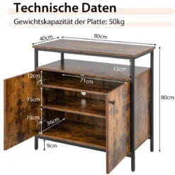Sideboard mit 3-Stöckiger Schrank und Türen Küchenschrank mit offenem Regal 80 x 40 x 80 cm Rustikales Braun