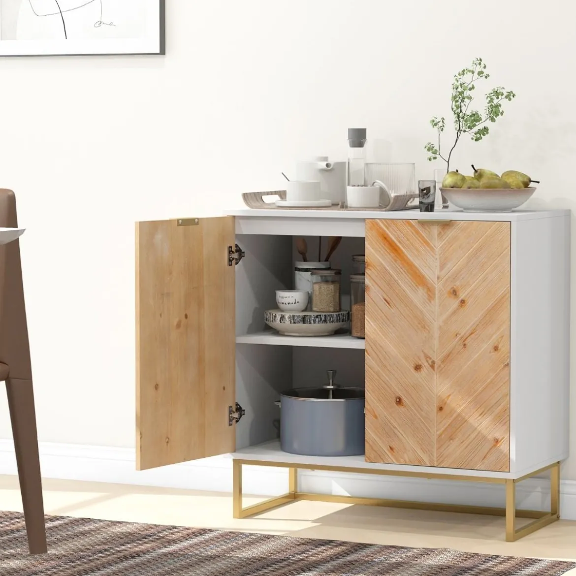 Sideboard mit 2 Türen Küchenschrank mit Regal Buffetschrank modern mit Metallbeinen Weiß 80 x 40 x 80 cm
