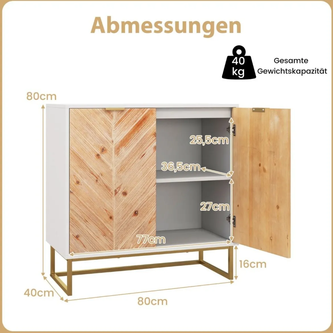 Sideboard mit 2 Türen Küchenschrank mit Regal Buffetschrank modern mit Metallbeinen Weiß 80 x 40 x 80 cm