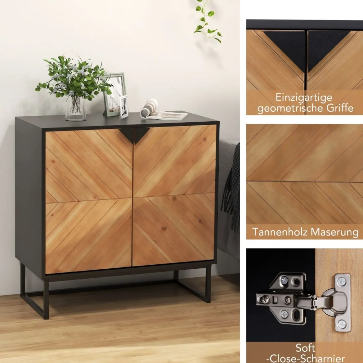 Sideboard mit 2 Türen Küchenschrank mit Regal Buffetschrank modern mit Metallbeinen 80 x 40 x 80 cm Schwarz