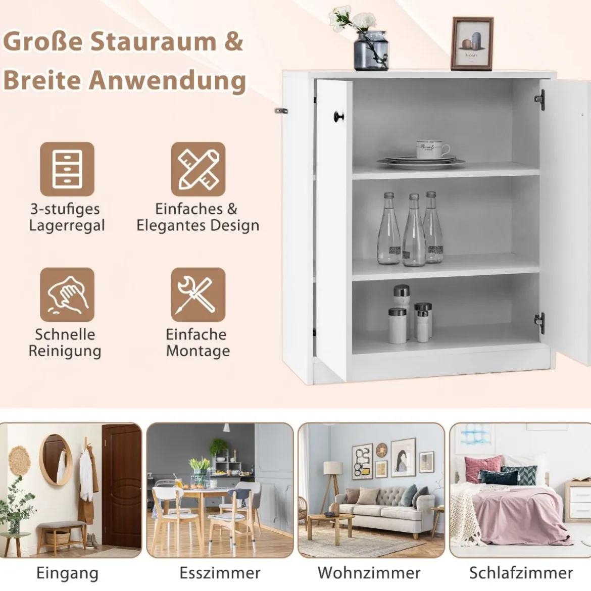 Sideboard modern Aufbewahrungsschrank mit 2 Türen moderner Lagerschrank mit 3 Regalen Weiß