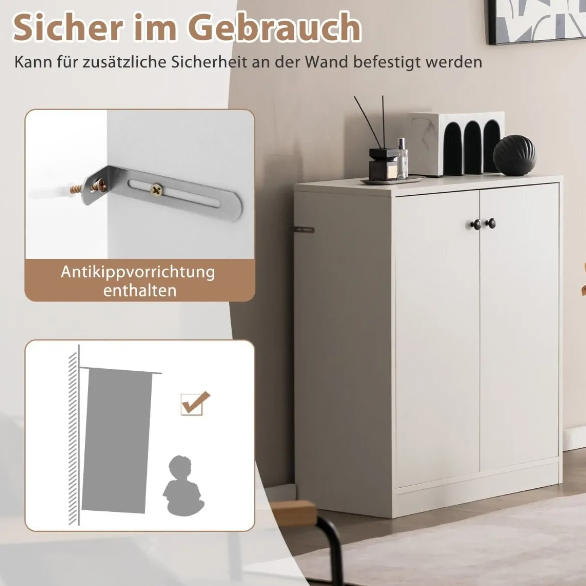 Sideboard modern Aufbewahrungsschrank mit 2 Türen moderner Lagerschrank mit 3 Regalen Weiß