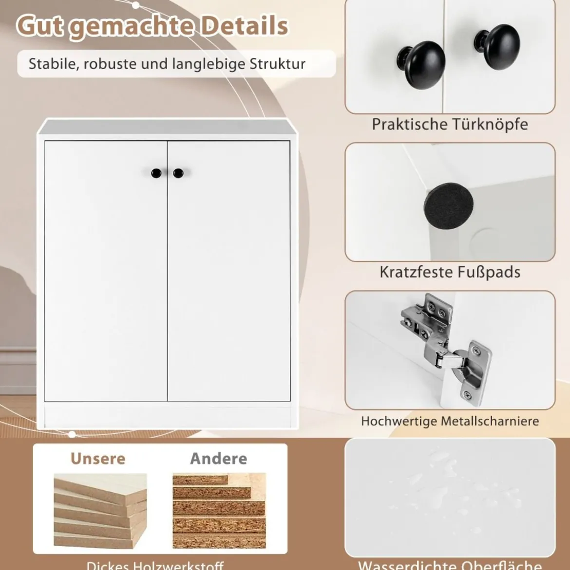 Sideboard modern Aufbewahrungsschrank mit 2 Türen moderner Lagerschrank mit 3 Regalen Weiß