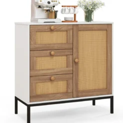Sideboard Rattan Kommode mit 1 Tür und 3 Schubladen Küchenschrank 80 x 35 x 80,5 cm Weiß + Natur