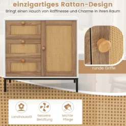 Sideboard Rattan Kommode mit 1 Tür und 3 Schubladen Küchenschrank 80 x 35 x 80,5 cm Weiß + Natur