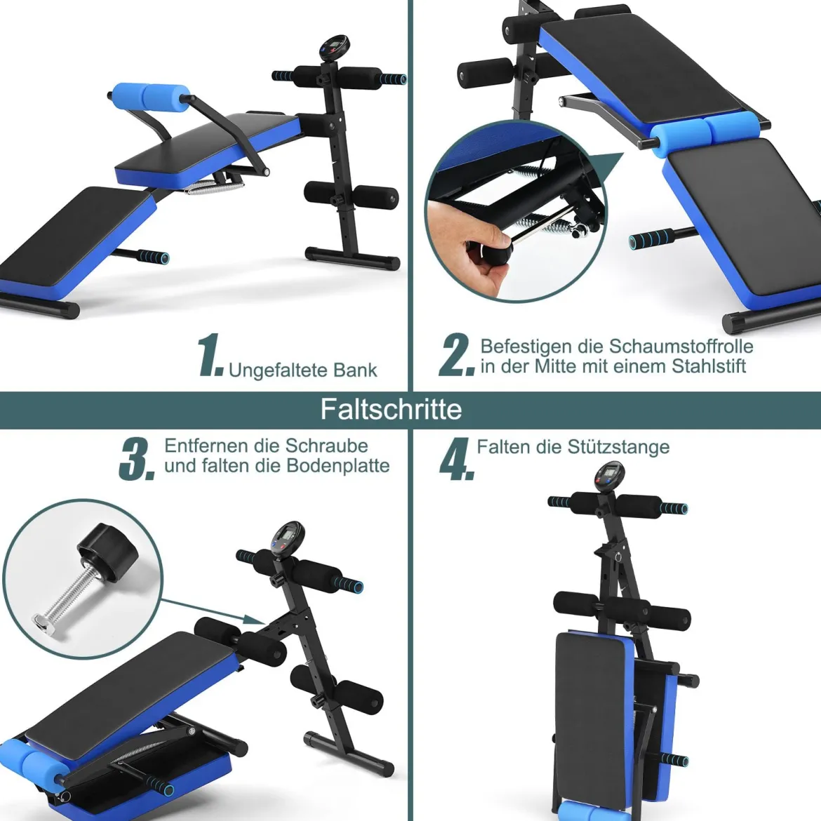 Sit Up Bank klappbar Trainingsbank höhenverstellbar Fitnessbank Schrägbank Blau