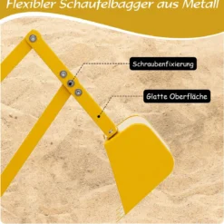 Sitzbagger 360° drehbar Bagger zum Draufsitzen Metall Bagger Sandkasten mit Schaufel Aufsitzbagger Gelb