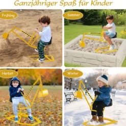 Sitzbagger 360° drehbar Bagger zum Draufsitzen Metall Bagger Sandkasten mit Schaufel Aufsitzbagger Gelb