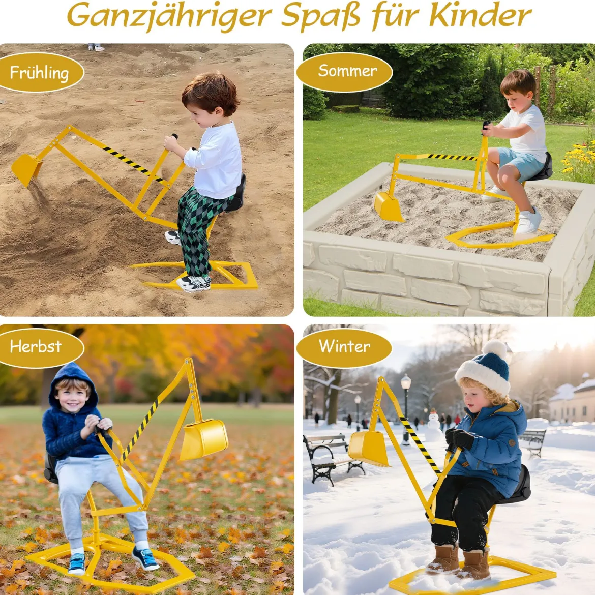Sitzbagger 360° drehbar Bagger zum Draufsitzen Metall Bagger Sandkasten mit Schaufel Aufsitzbagger Gelb