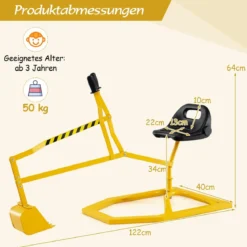 Sitzbagger 360° drehbar Bagger zum Draufsitzen Metall Bagger Sandkasten mit Schaufel Aufsitzbagger Gelb