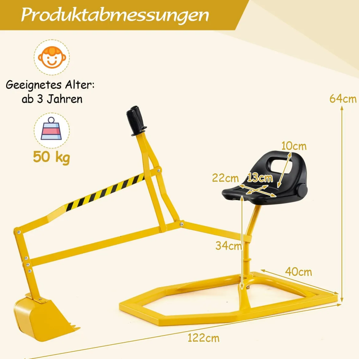 Sitzbagger 360° drehbar Bagger zum Draufsitzen Metall Bagger Sandkasten mit Schaufel Aufsitzbagger Gelb