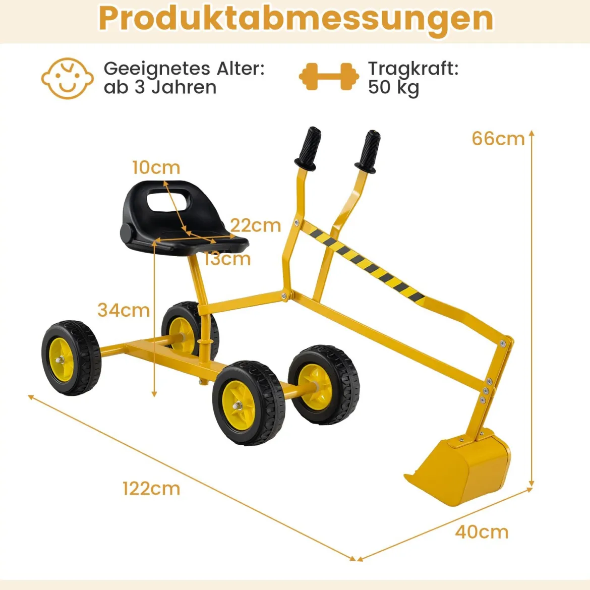 Sitzbagger 360° drehbar Bagger zum Draufsitzen Metall mit Schaufel & Rädern Bagger Sandkasten Gelb