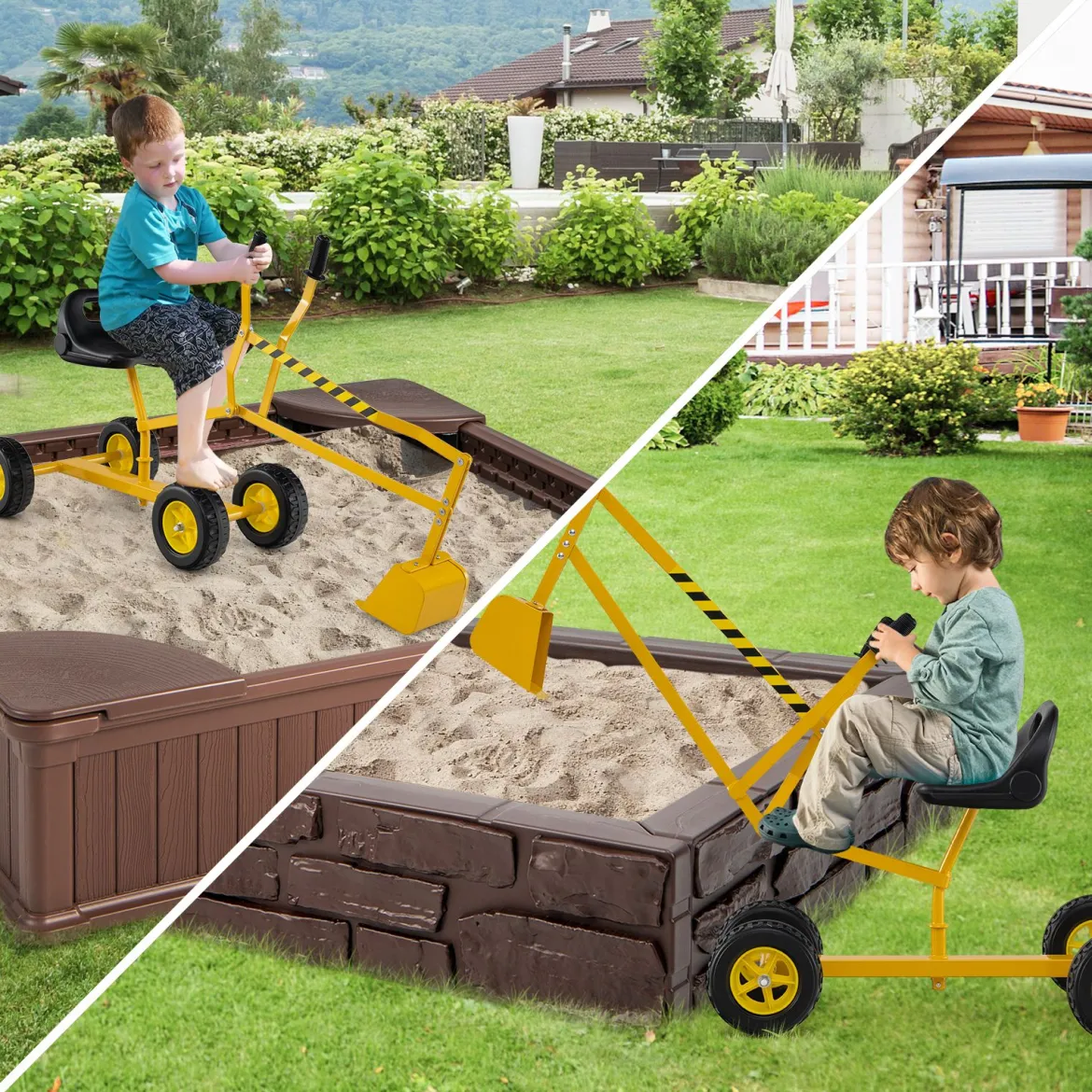 Sitzbagger 360° drehbar Bagger zum Draufsitzen Metall mit Schaufel & Rädern Bagger Sandkasten Gelb