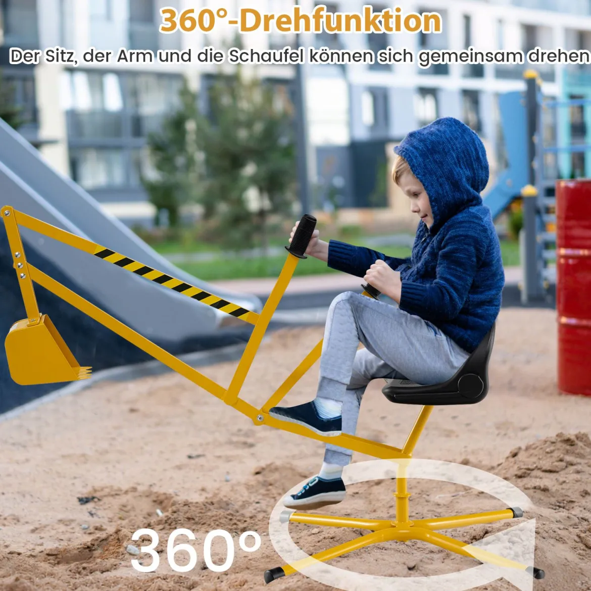 Sitzbagger 360° drehbar Bagger zum Draufsitzen Metall mit Schaufel & 2-Hand Steuerung Gelb