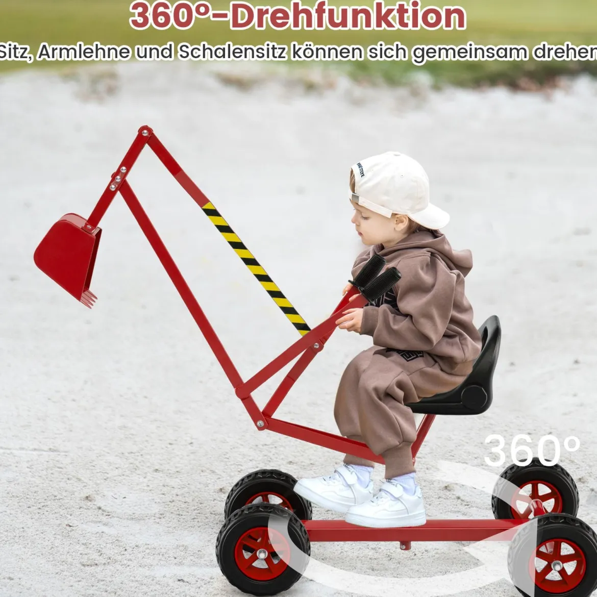 Sitzbagger 360° drehbar Bagger zum Draufsitzen Metall mit Schaufel & Rädern Bagger Sandkasten Rot