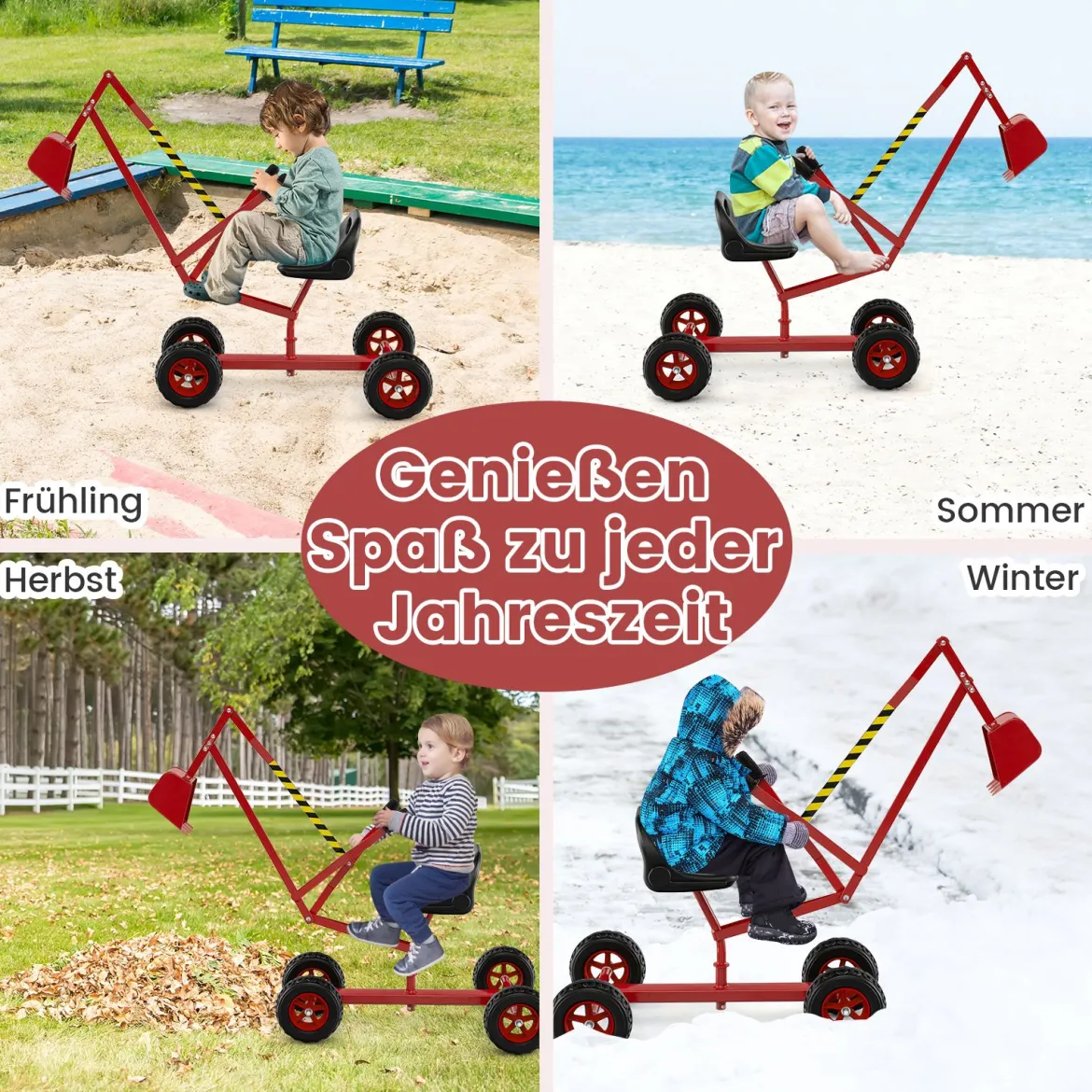 Sitzbagger 360° drehbar Bagger zum Draufsitzen Metall mit Schaufel & Rädern Bagger Sandkasten Rot