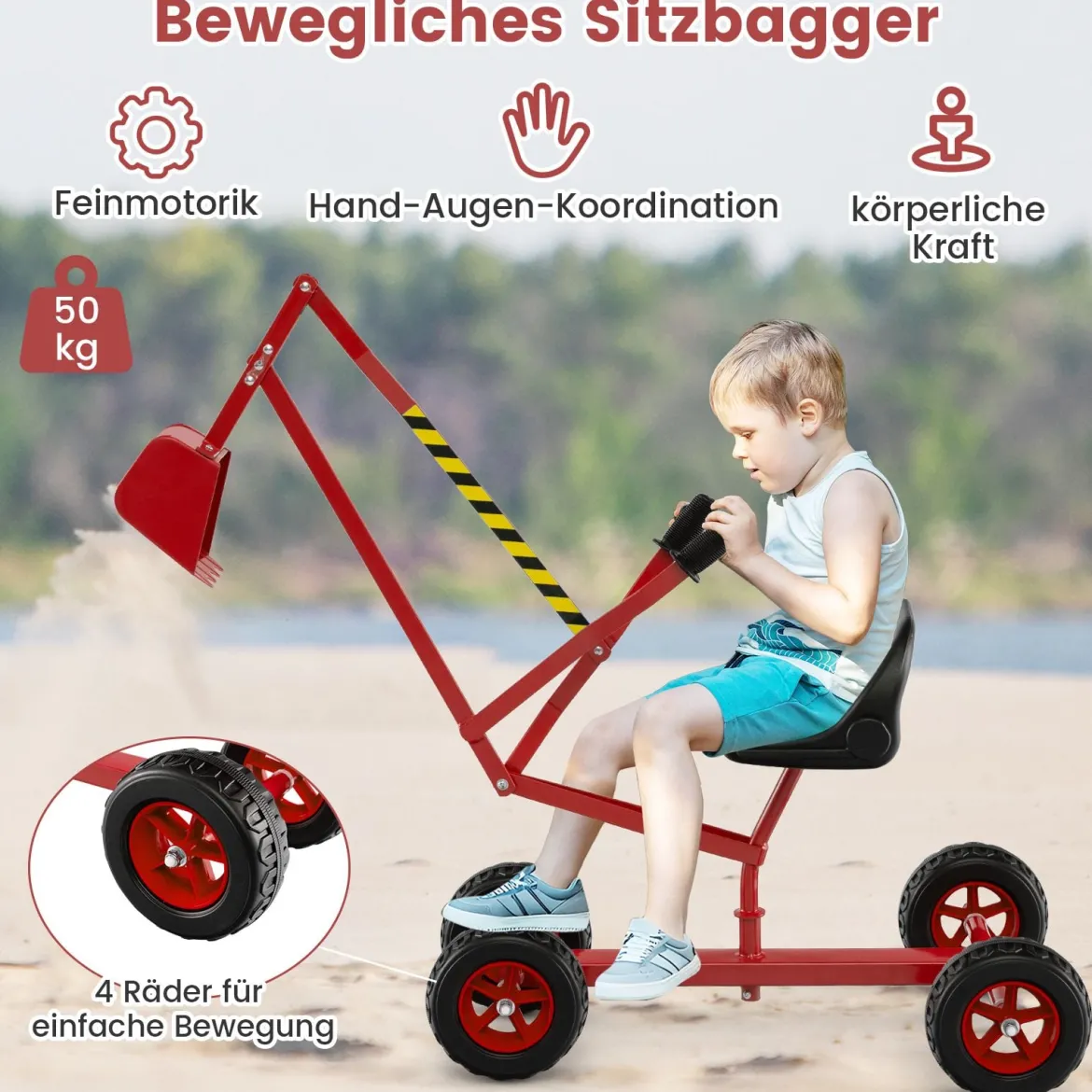 Sitzbagger 360° drehbar Bagger zum Draufsitzen Metall mit Schaufel & Rädern Bagger Sandkasten Rot
