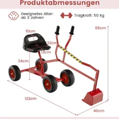 Sitzbagger 360° drehbar Bagger zum Draufsitzen Metall mit Schaufel & Rädern Bagger Sandkasten Rot