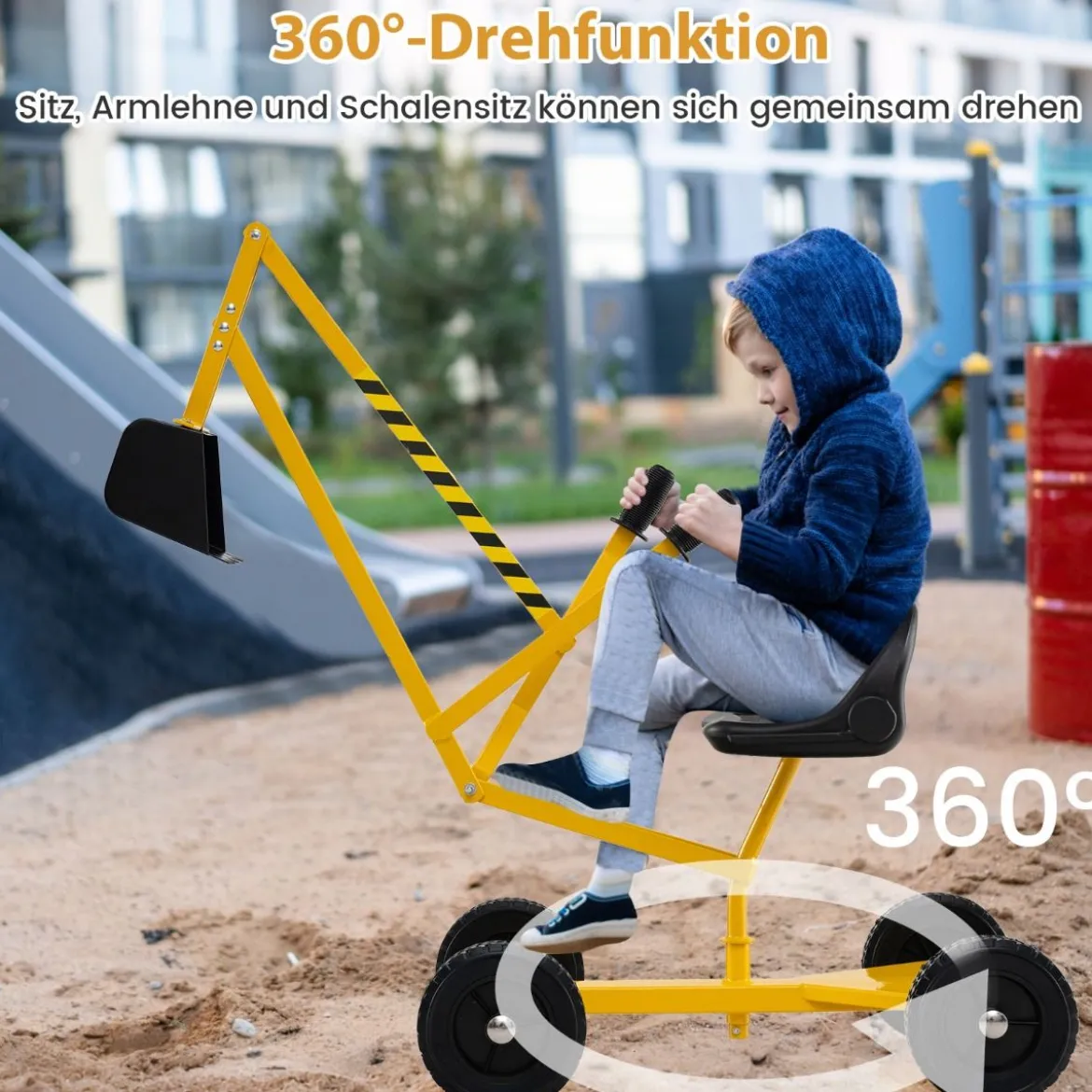 Sitzbagger 360° drehbar Bagger zum Draufsitzen mit Schaufel & Rädern Kinderbagger Metall Aufsitzbagger Sandbagger Gelb