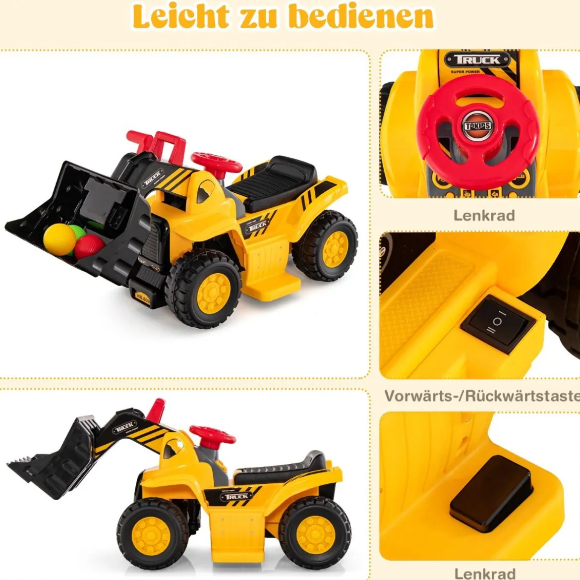 Sitzbagger Kinderbagger elektrisch mit verstecktem Stauraum & Basketballkorb 84 x 35 x 43 cm Gelb