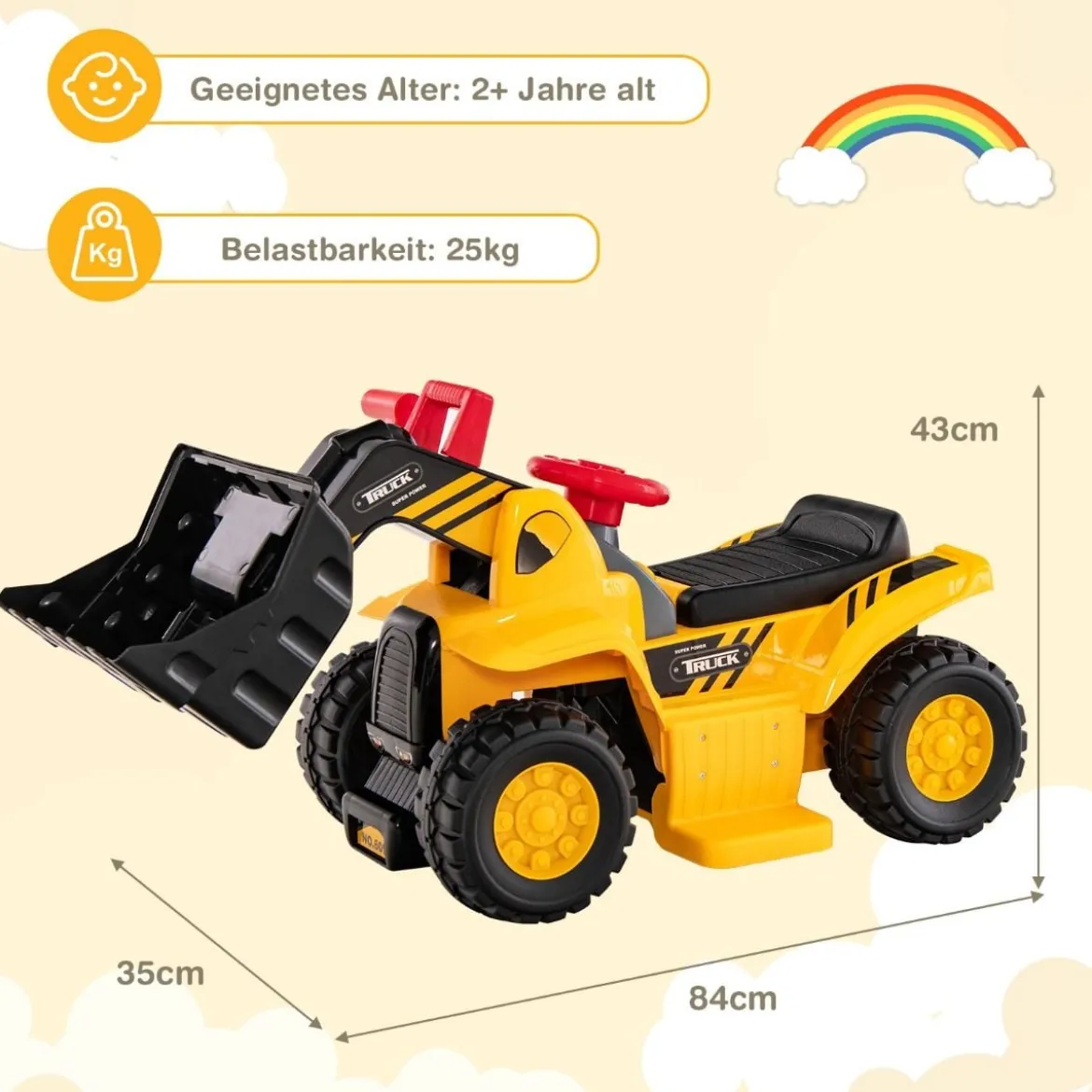 Sitzbagger Kinderbagger elektrisch mit verstecktem Stauraum & Basketballkorb 84 x 35 x 43 cm Gelb