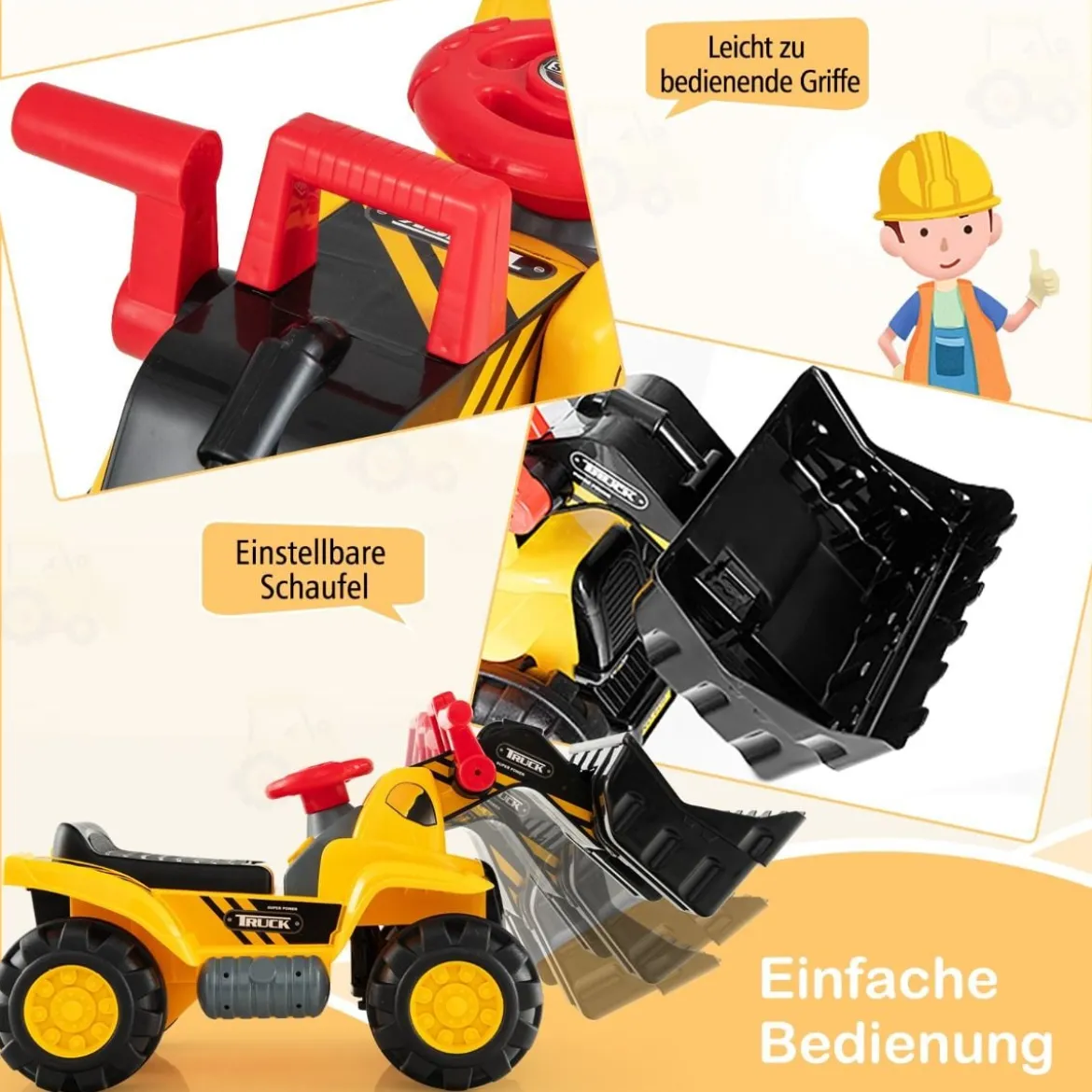 Sitzbagger mit Eingebautem Ablagefach Kinderbagger mit 4 Sound-Tasten Bagger Spielzeug