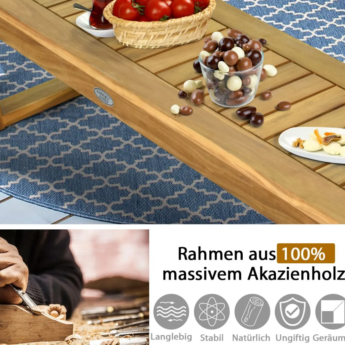 Sitzbank Massivholz Gartenmöbel Holzbank Gartenbank Belastbar bis 360 kg 132 x 34 x 43,5 cm Teak