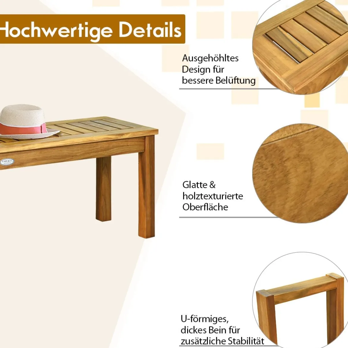Sitzbank Massivholz Gartenmöbel Holzbank Gartenbank Belastbar bis 360 kg 132 x 34 x 43,5 cm Teak