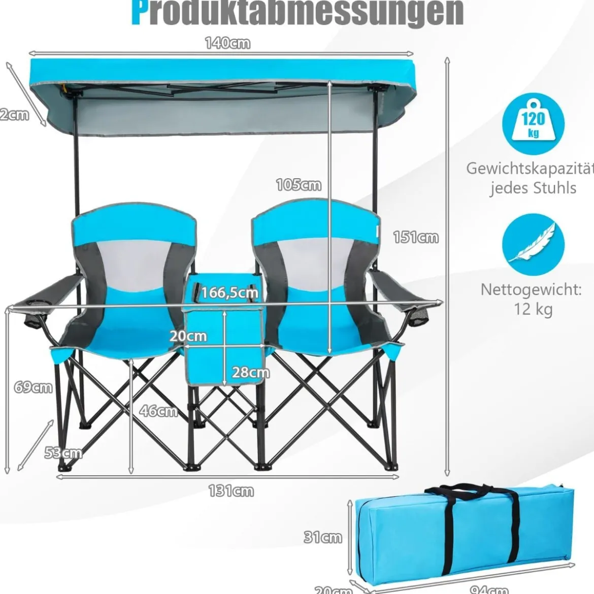 2-Sitzer Campingstuhl mit Sonnenschutz Mini-Tisch klappbarer Angelstuhl mit Tragetasche 166 x 71 x 151 cm Blau