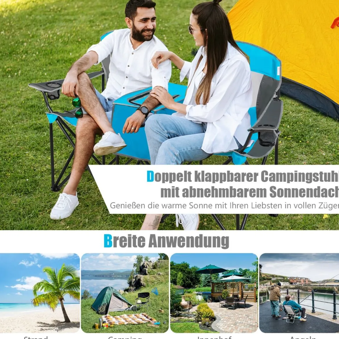 2-Sitzer Campingstuhl mit Sonnenschutz Mini-Tisch klappbarer Angelstuhl mit Tragetasche 166 x 71 x 151 cm Blau