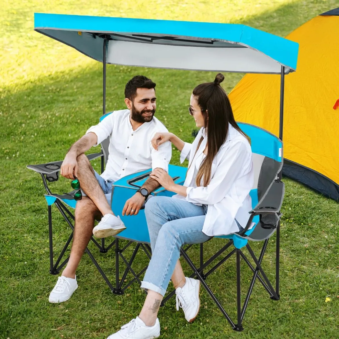 2-Sitzer Campingstuhl mit Sonnenschutz Mini-Tisch klappbarer Angelstuhl mit Tragetasche 166 x 71 x 151 cm Blau