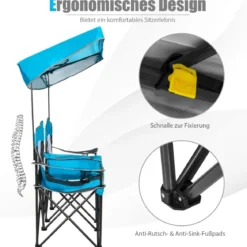 2-Sitzer Campingstuhl mit Sonnenschutz Mini-Tisch klappbarer Angelstuhl mit Tragetasche 166 x 71 x 151 cm Blau