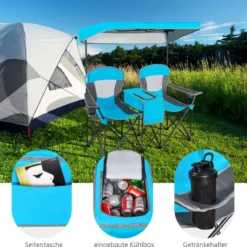 2-Sitzer Campingstuhl mit Sonnenschutz Mini-Tisch klappbarer Angelstuhl mit Tragetasche 166 x 71 x 151 cm Blau
